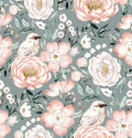 Dog Rose and Peony Green Retro - Family Fabrics B.V.