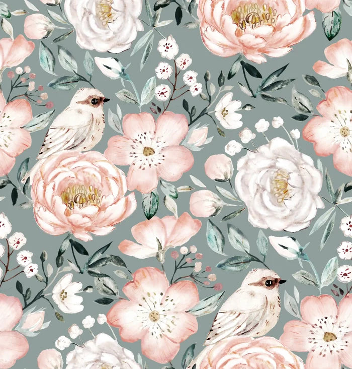 Dog Rose and Peony Green Retro - Family Fabrics B.V.