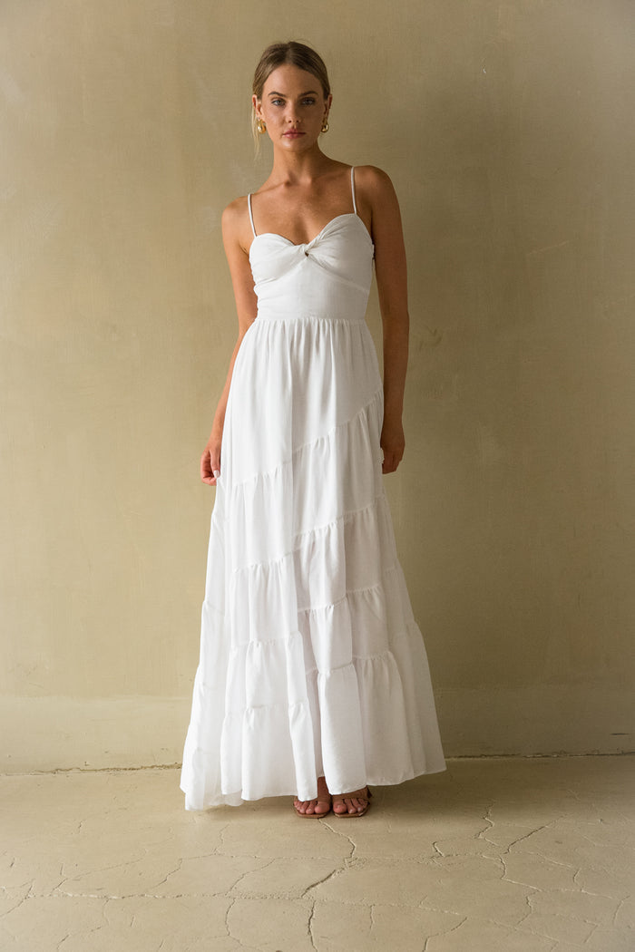 white-image | Front view | White twist front tiered Maxi Dress | Sorority rush dress
