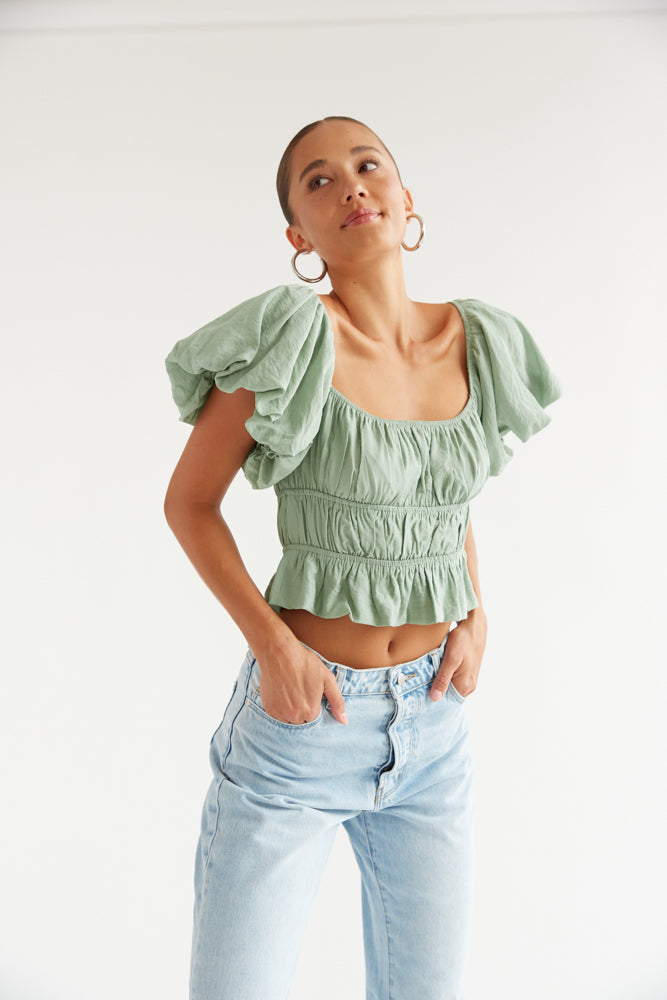 puff sleeve crop top in sage green