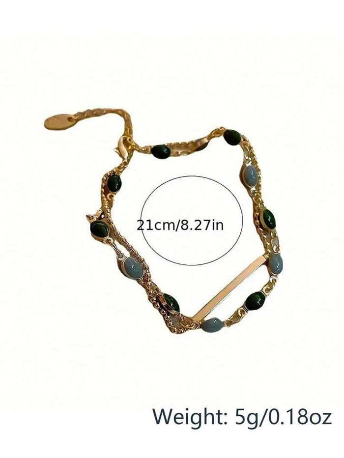Double Layer Beaded Anklet – Gold Tone Chain with Green and Gray Stone Detail for Women