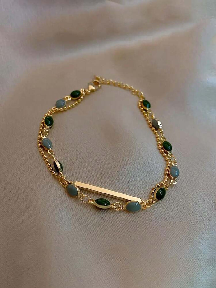 Double Layer Beaded Anklet – Gold Tone Chain with Green and Gray Stone Detail for Women