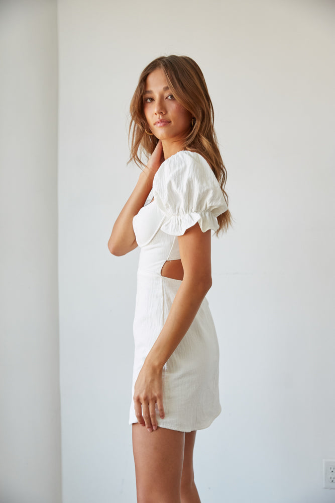 ivory white puff sleeve a line mini dress
