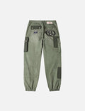 Dual Seagull Print Loose Fit Washed Woven Cargo Joggers
