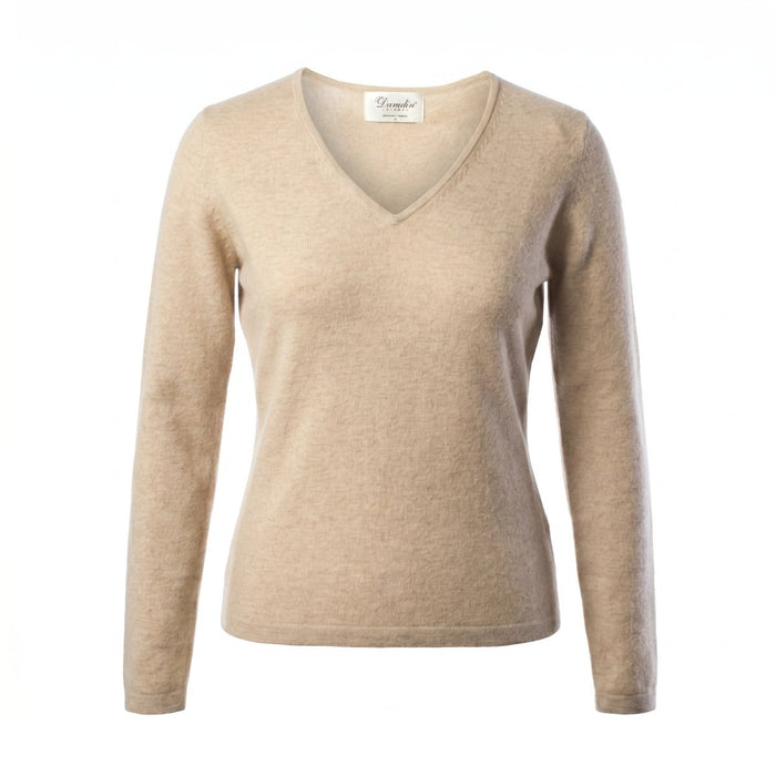 Dunedin Cashmere Women’s 100% Cashmere V-Neck Jumper – Sand Beige - Heritage Of Scotland - S