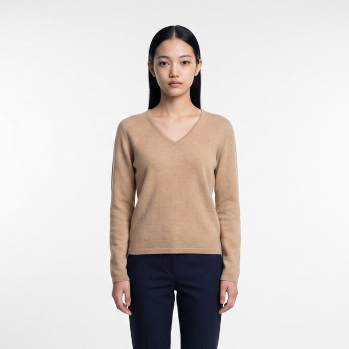 Dunedin Cashmere Women’s 100% Cashmere V-Neck Jumper – Sand Beige - Heritage Of Scotland - S