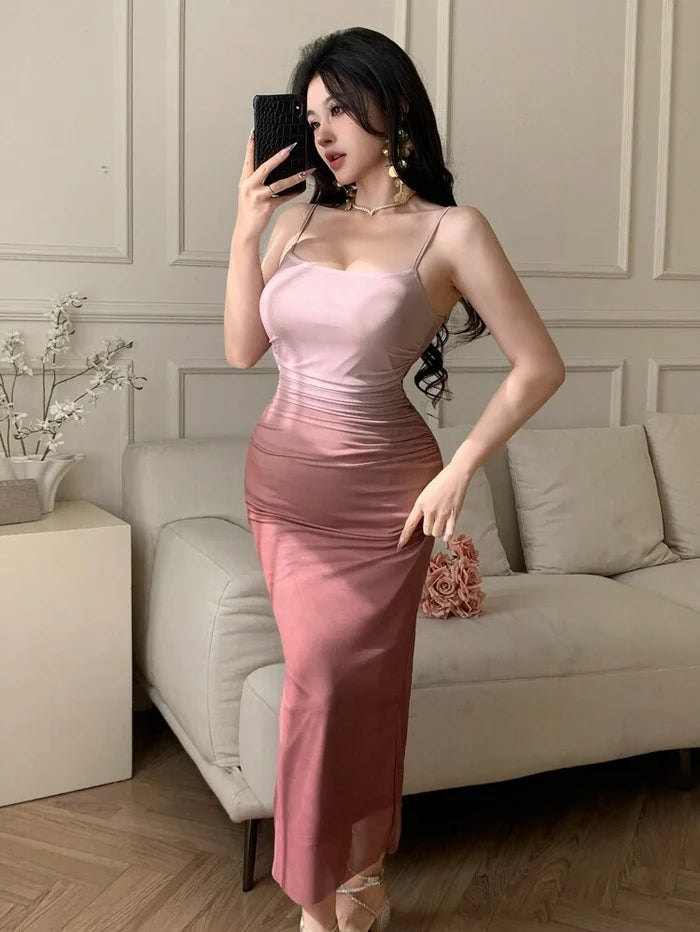 Dusty Rose Ruched Mesh Midi Dress – Sleeveless Elegant Bodycon Occasion Dress for Women