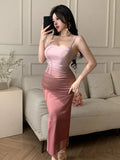 Dusty Rose Ruched Mesh Midi Dress – Sleeveless Elegant Bodycon Occasion Dress for Women