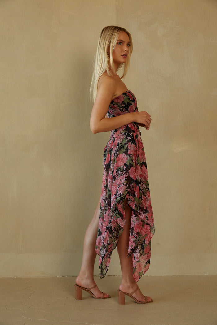 black floral strapless drape mini dress