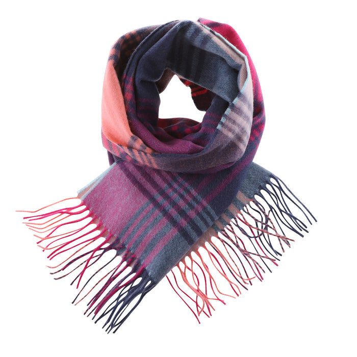 Edinburgh 100% Cashmere Wide Scarf Broken Check - Orange/Pink/Denim - Heritage Of Scotland - BROKEN CHECK - ORANGE/PINK/DENIM