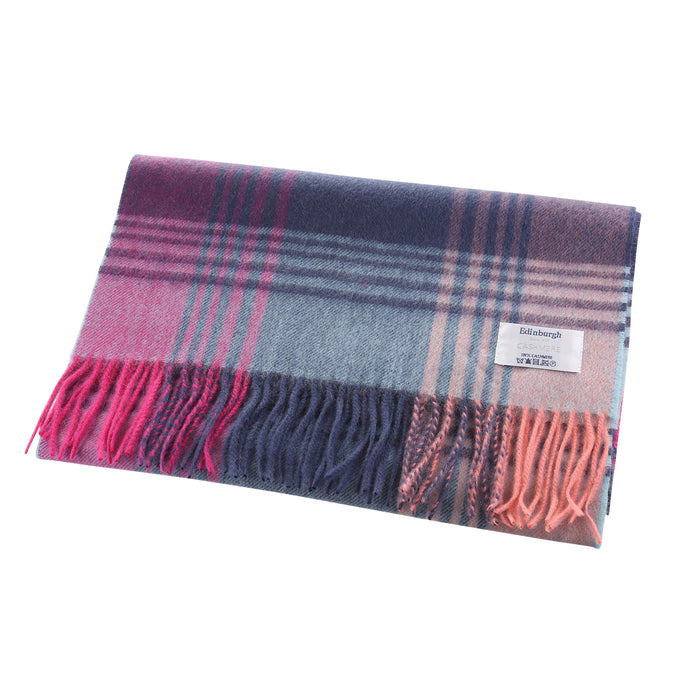 Edinburgh 100% Cashmere Wide Scarf Broken Check - Orange/Pink/Denim - Heritage Of Scotland - BROKEN CHECK - ORANGE/PINK/DENIM