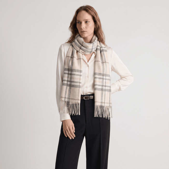 Edinburgh Cashmere Premium Lightweight Scarf - Soft Luxury Wrap - Highlight Check - Brown and Oyster - Heritage Of Scotland -