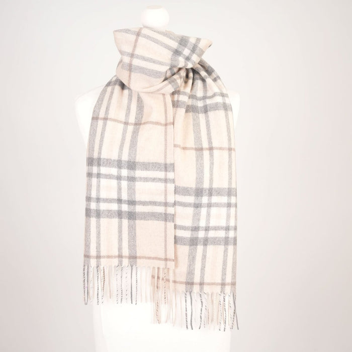Edinburgh Cashmere Premium Lightweight Scarf - Soft Luxury Wrap - Highlight Check - Brown and Oyster - Heritage Of Scotland -