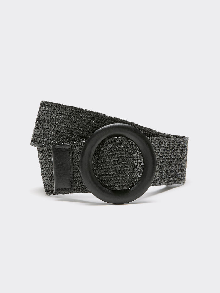 Elastic Straw Belt with Round Wooden Buckle