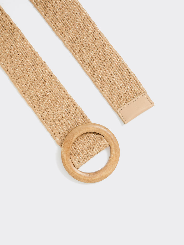 Elastic Straw Belt with Round Wooden Buckle