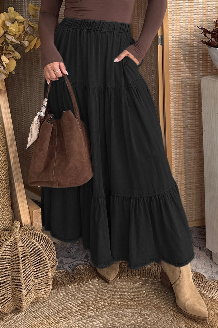 Elastic Waist Ruffled Tiered Flared Denim Maxi Skirt – Black