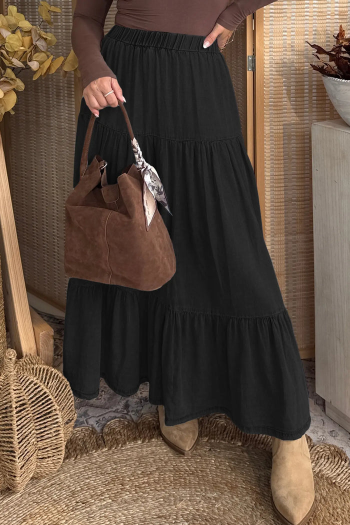 Elastic Waist Ruffled Tiered Flared Denim Maxi Skirt – Black