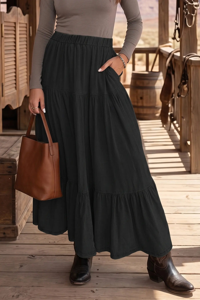Elastic Waist Ruffled Tiered Flared Denim Maxi Skirt – Black