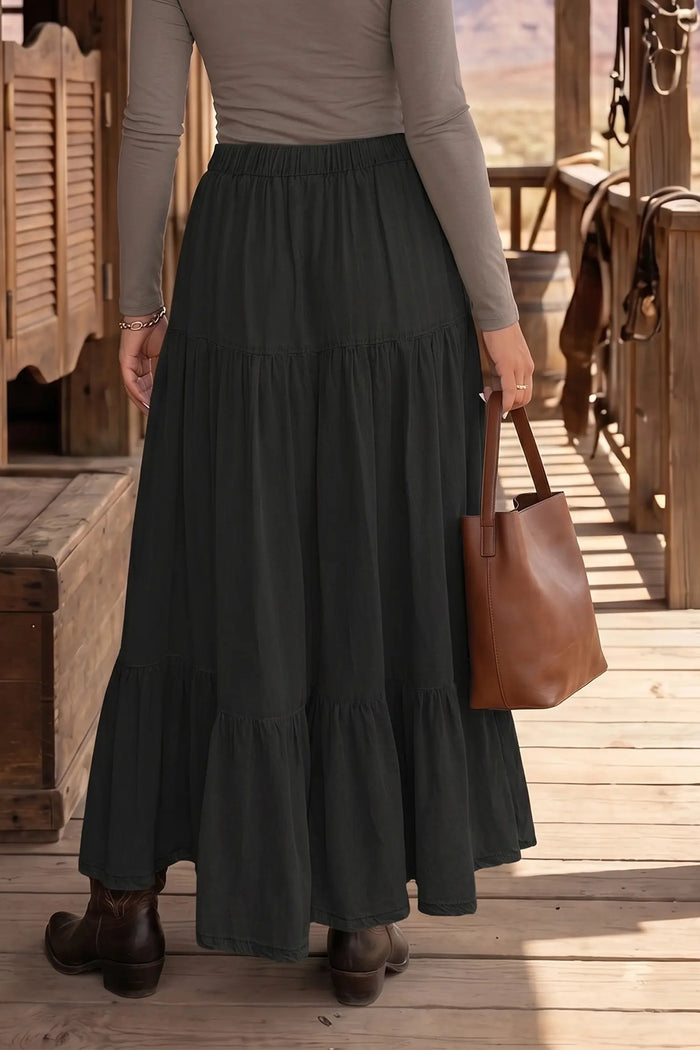 Elastic Waist Ruffled Tiered Flared Denim Maxi Skirt – Black