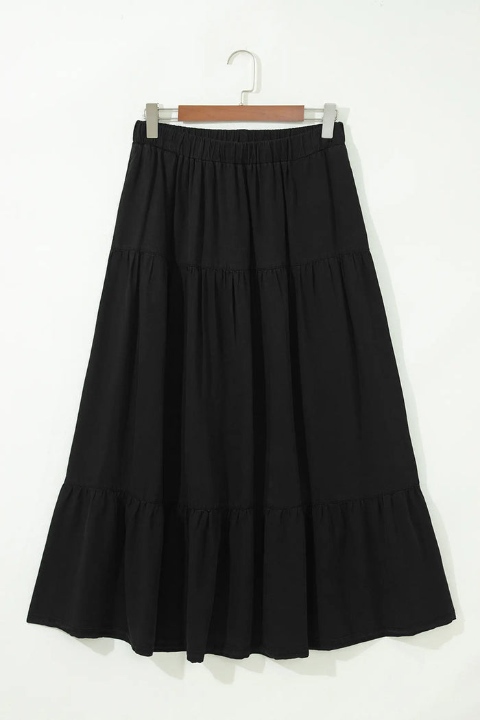 Elastic Waist Ruffled Tiered Flared Denim Maxi Skirt – Black