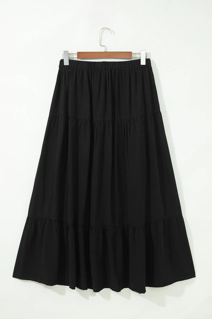 Elastic Waist Ruffled Tiered Flared Denim Maxi Skirt – Black