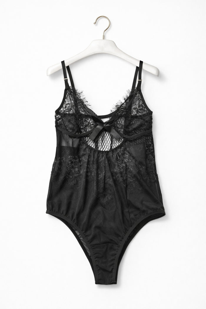 Elegant Black Lace Teddy Bodysuit – Sheer Mesh Lingerie One Piece for Women
