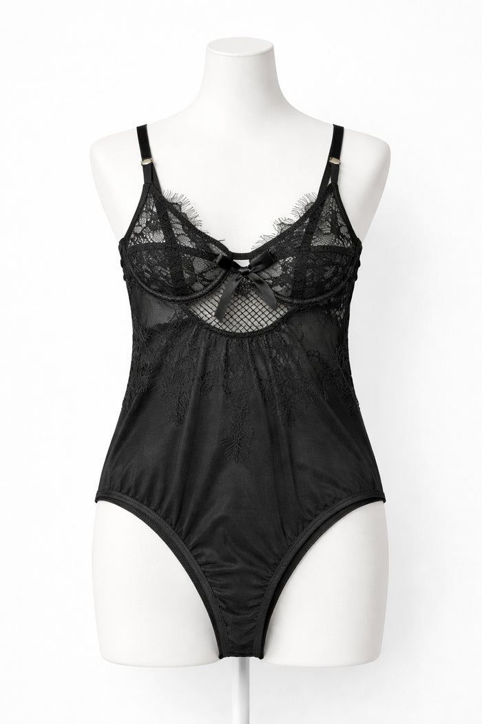 Elegant Black Lace Teddy Bodysuit – Sheer Mesh Lingerie One Piece for Women