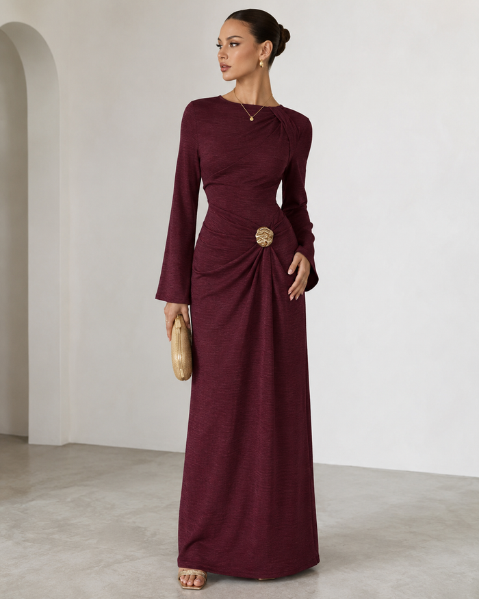 Elegant Burgundy Maxi Dress with Gold Brooch Detail