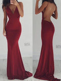 Elegant Burgundy Mermaid Open Back Prom Dresses, Maroon Backless Formal Dress
