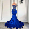Elegant  Royal Blue High Neck Luxury Beaded Embroidery Prom Dress