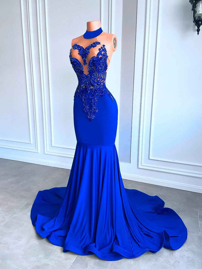 Elegant  Royal Blue High Neck Luxury Beaded Embroidery Prom Dress