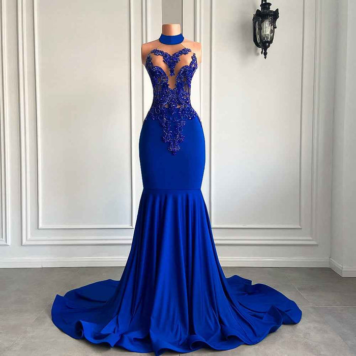 Elegant  Royal Blue High Neck Luxury Beaded Embroidery Prom Dress