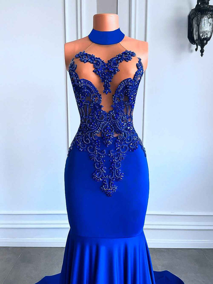 Elegant  Royal Blue High Neck Luxury Beaded Embroidery Prom Dress