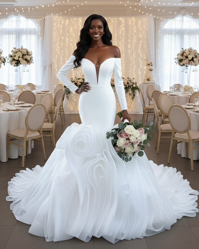 Elegant V-Neck Mermaid Puffy Train  Wedding Dress - Envious Designs