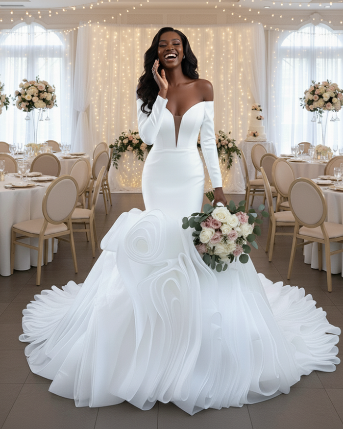 Elegant V-Neck Mermaid Puffy Train  Wedding Dress - Envious Designs