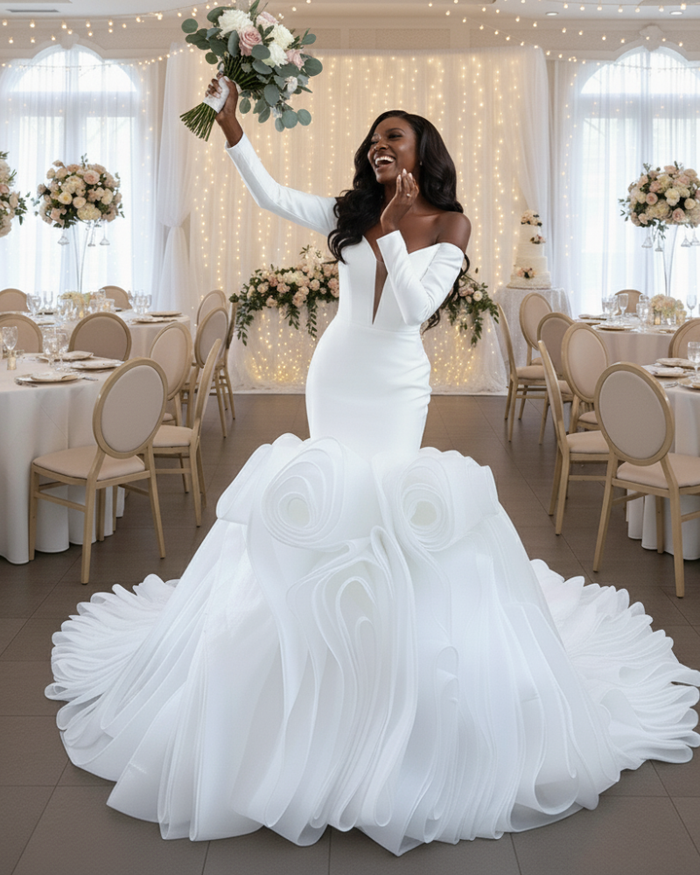 Elegant V-Neck Mermaid Puffy Train  Wedding Dress - Envious Designs