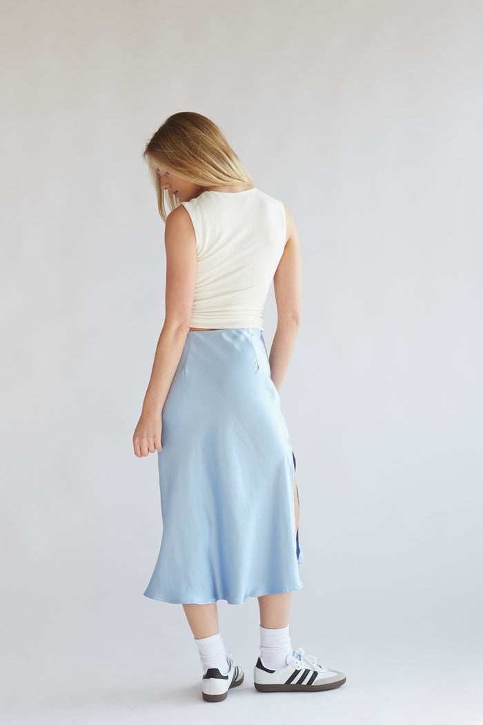 baby blue slit satin midi skirt | skirts for spring 2024
