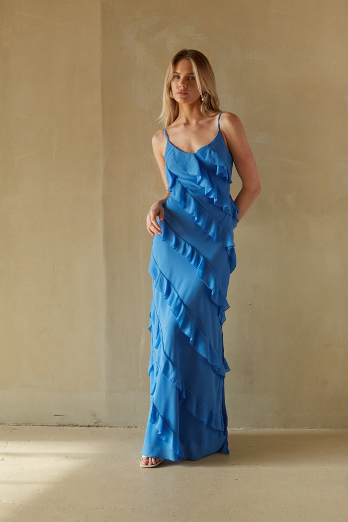 blue-image | cobalt blue asymmetrical ruffle maxi dress with sweetheart neckline | unique wedding guest dress 2024