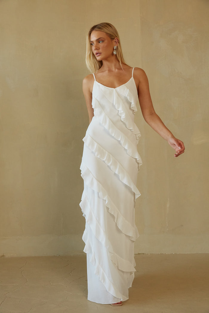 white-image| front view white ruffle maxi dress - beautiful white dress perfect for engagement photos, graduation, and more