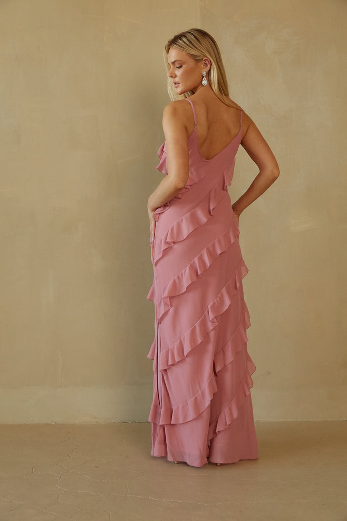 mauve tiered ruffle spaghetti strap maxi dress -  wedding guest dresses