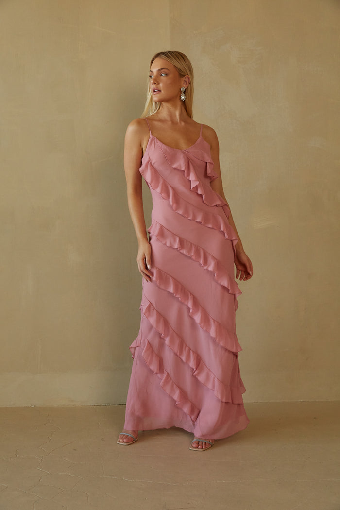 rose ruffle maxi homecoming dress - cute pink wedding guest dress for fall