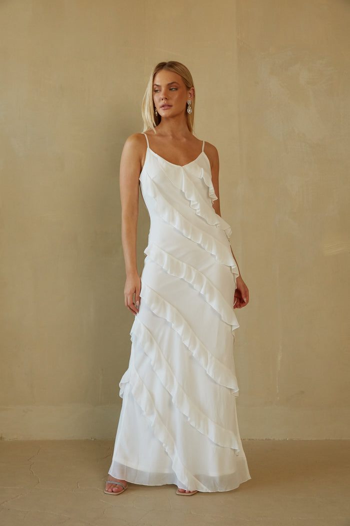 white bridal ruffle maxi dress - reception dress for brides