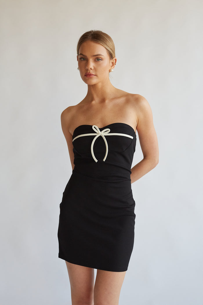 black contrast bow detail mini dress with sweetheart neckline