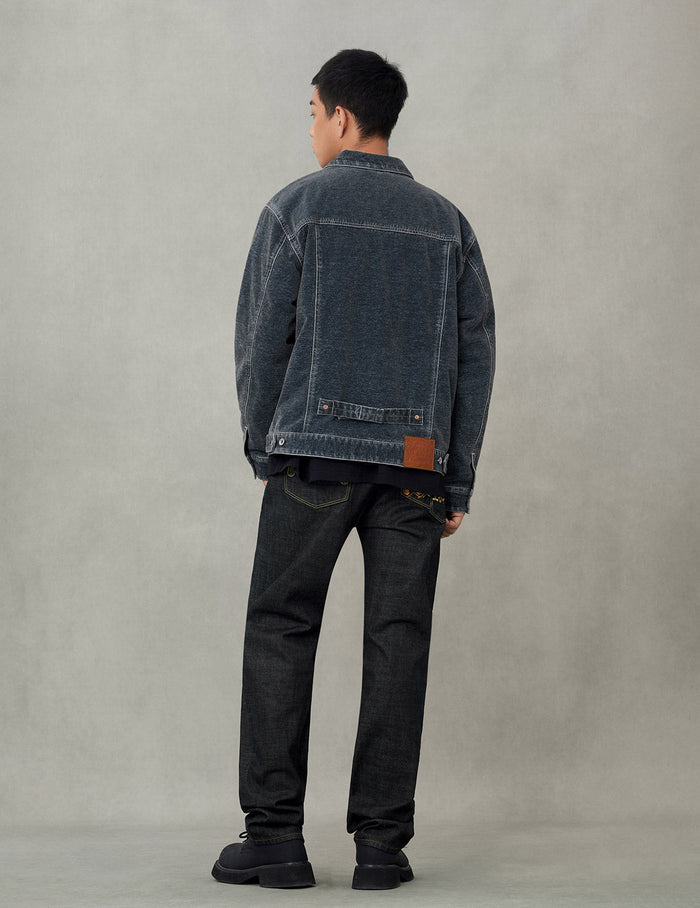 Emboss Rivet Seagull Relax Fit Washed Denim Jacket