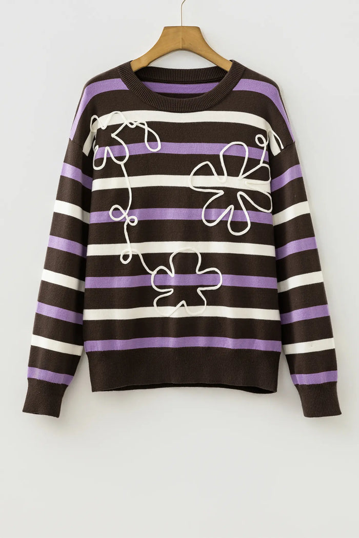 Embroidered Detail Drop Shoulder Pullover Sweater – Brown Stripe