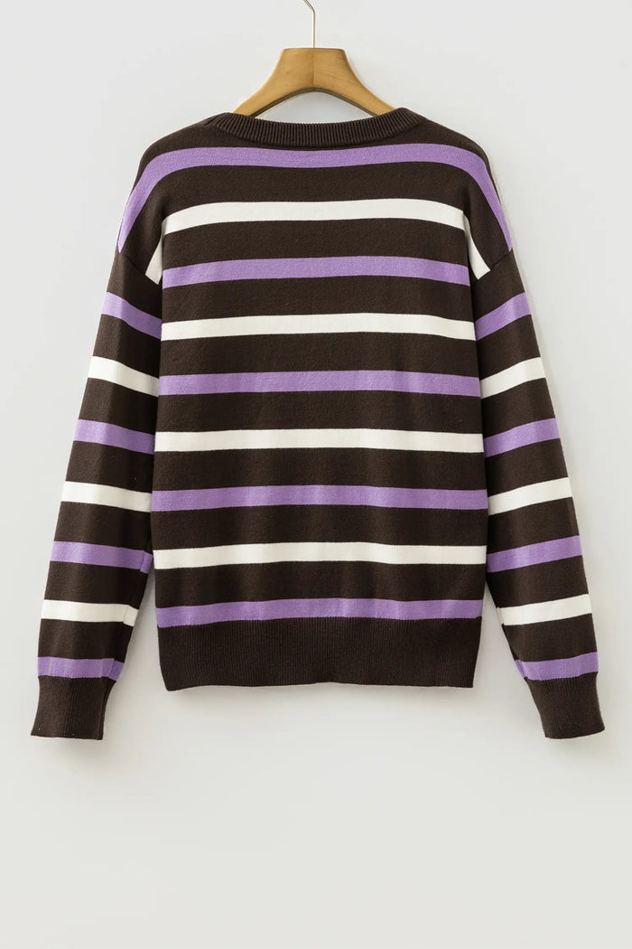 Embroidered Detail Drop Shoulder Pullover Sweater – Brown Stripe