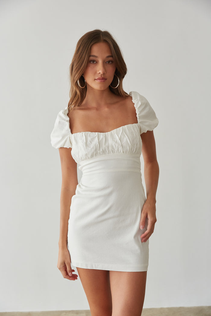 white-image | white lace up back linen mini dress