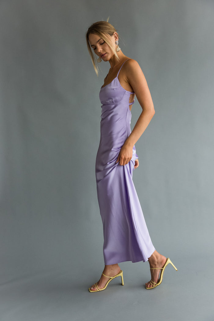 Side view | purple Open back Maxi Dress | Formal dress