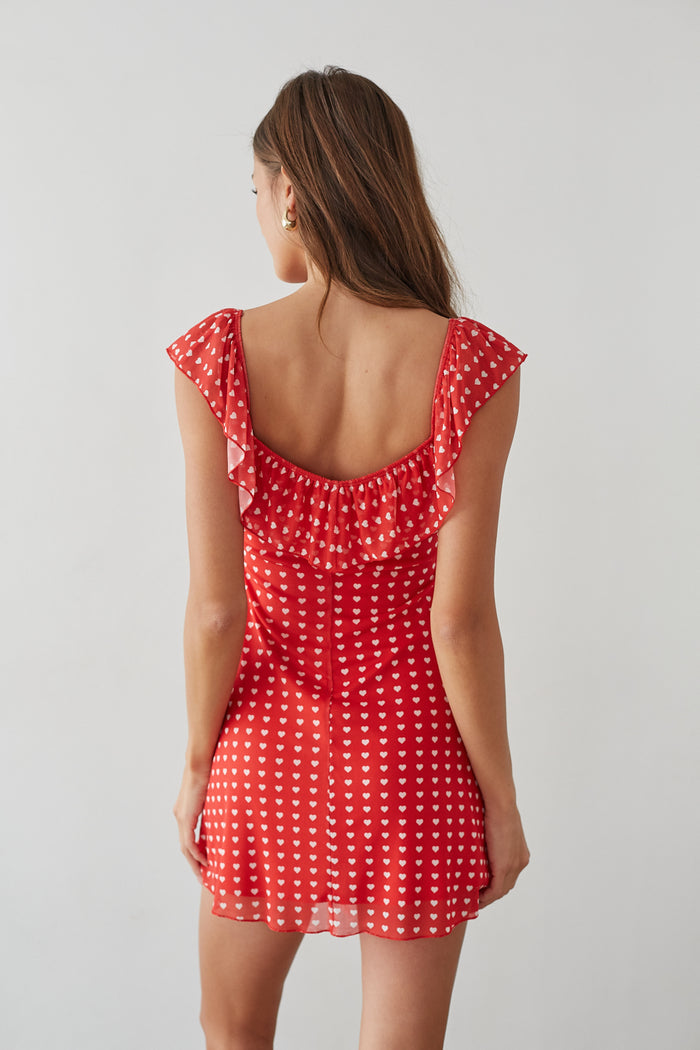 back-image | open-back mini dress | flowy heart-print dress | feminine summer outfit | red mini dress with an open-back detail and breezy fabric, perfect for warm days