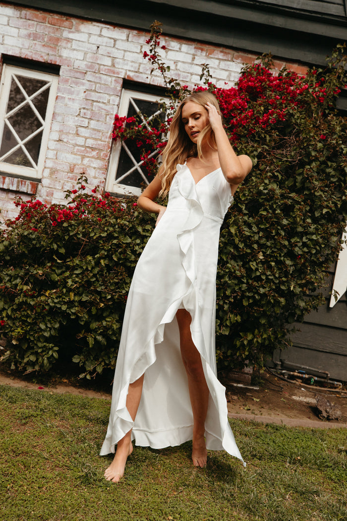 white satin high low dress | unique white long dress boutique